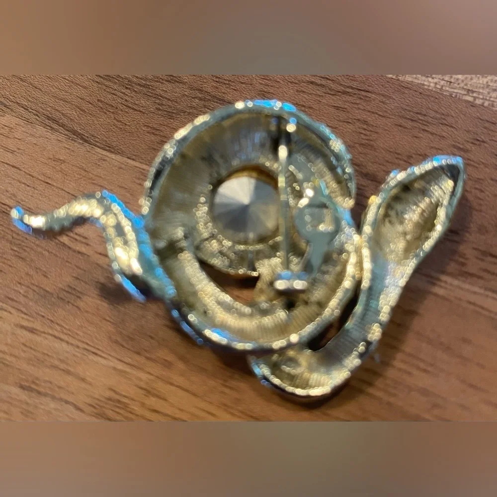 Snake Brooch Pin Gold Tone Coiled Vintage Aurora Borealis Rhinestone Center